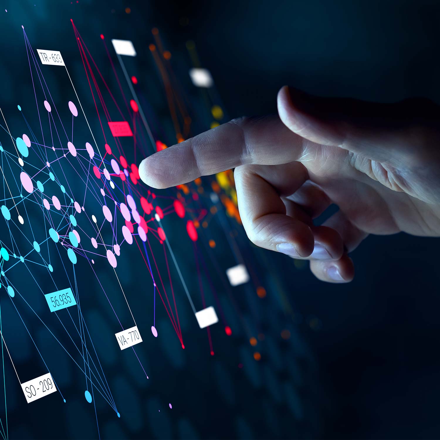 A hand points at a digital interface displaying data lines and graphs, indicating analysis or interaction with the data